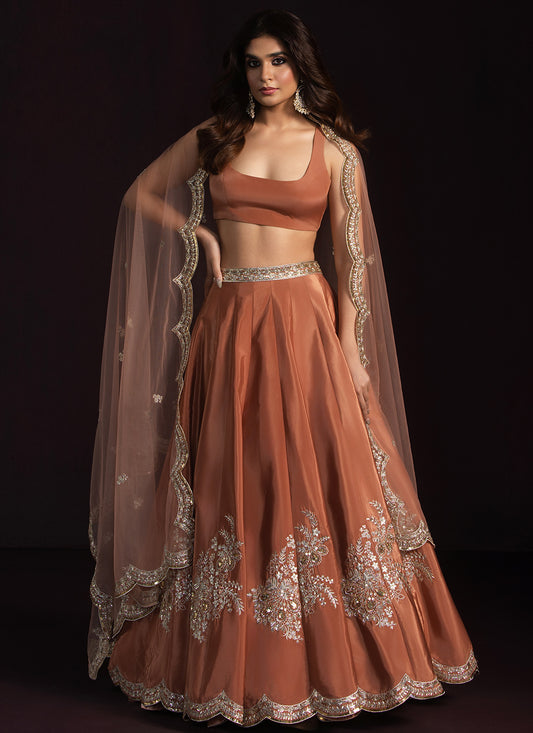 Rust Brown Embroidered Crepe Lehenga