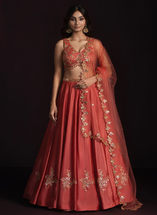 Rust Embroidered Chinon Lehenga