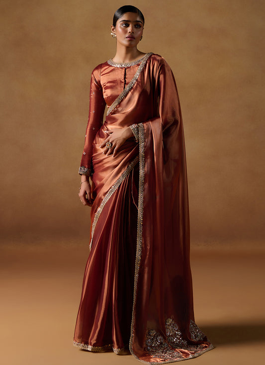 Rust Embroidered Tissue Saree