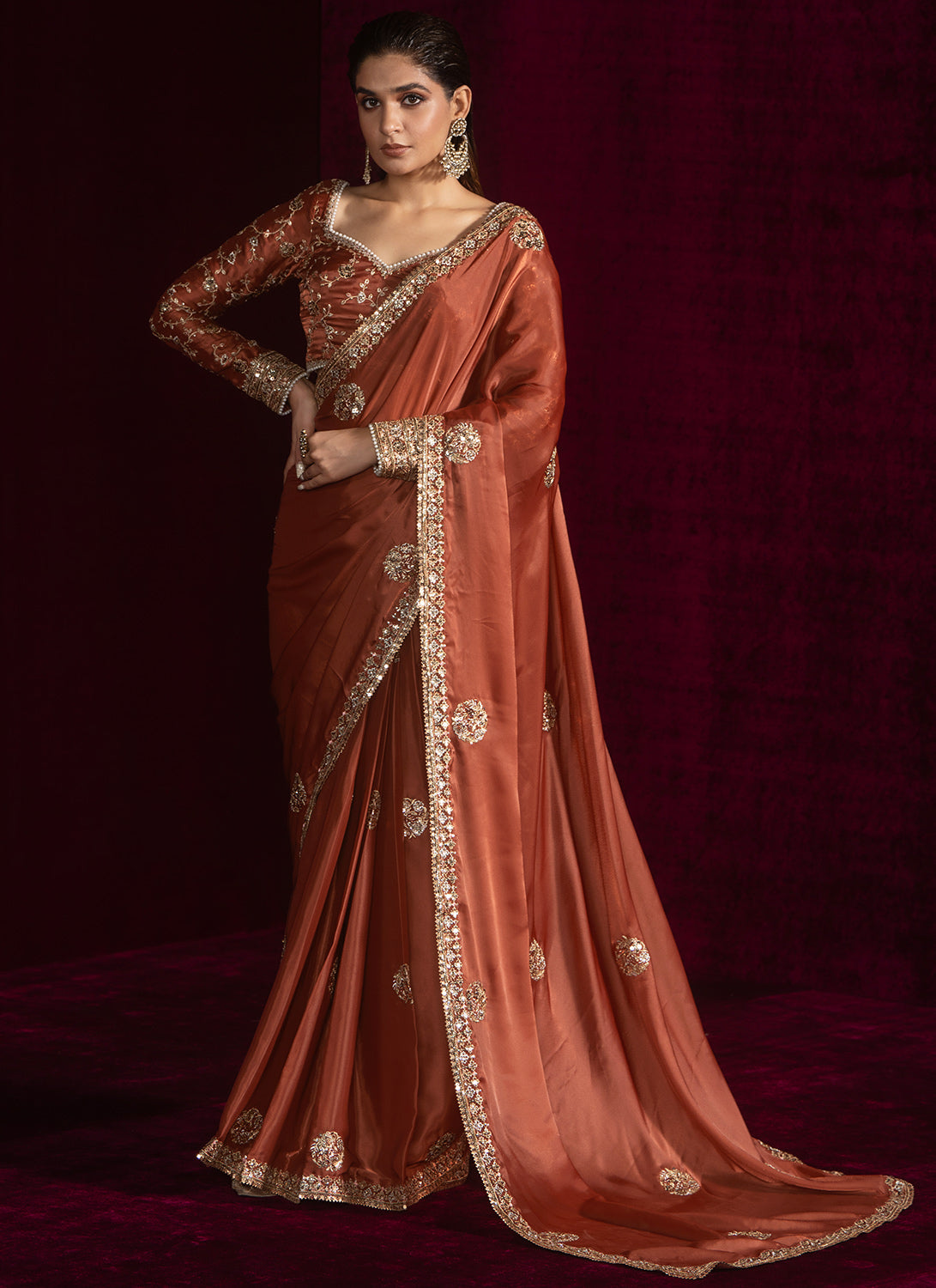 Rust Embroidered Silk Saree