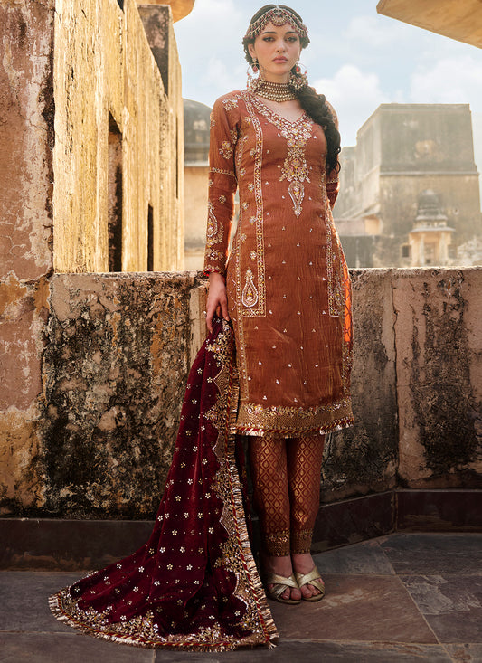 Rust Embroidered Silk Straight Suit