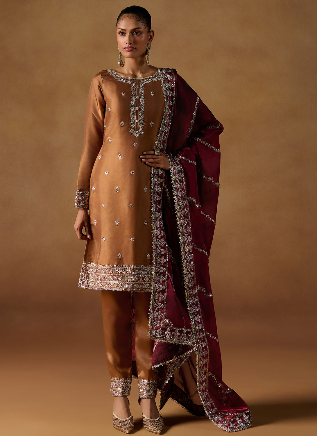 Rust Embroidered Tissue Straight Suit