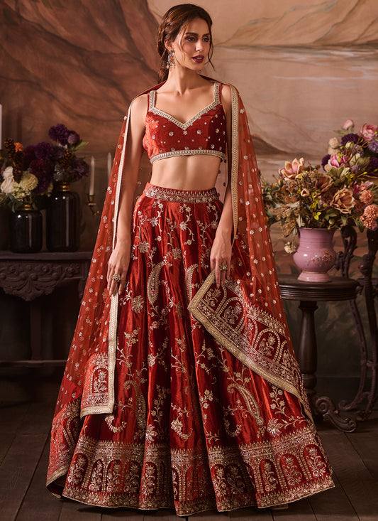 Rust Embroidered Velvet Lehenga