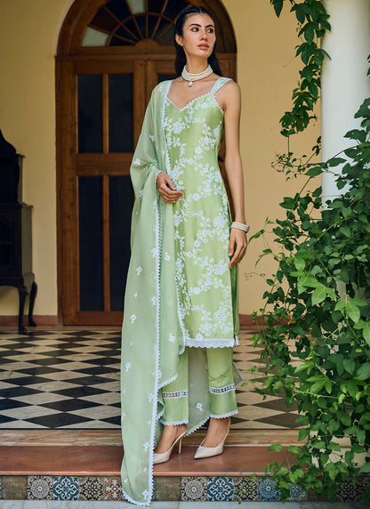 Lime Green Embroidered Cotton Straight Suit