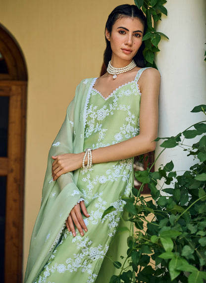 Lime Green Embroidered Cotton Straight Suit