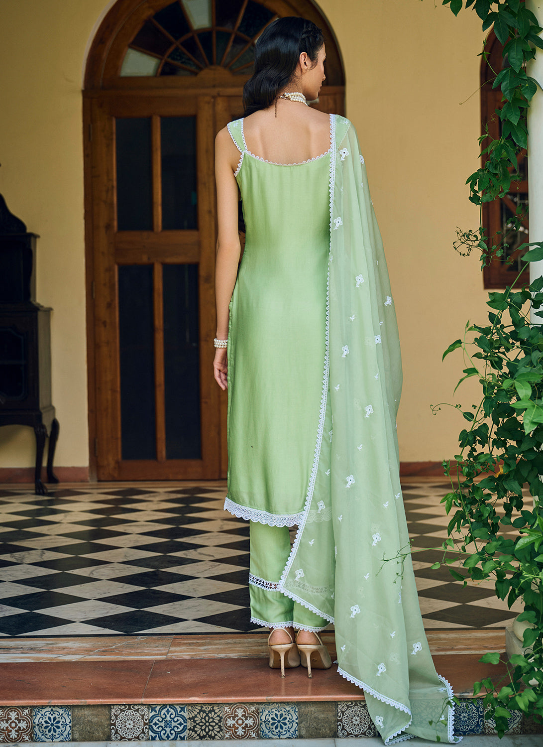 Lime Green Embroidered Cotton Straight Suit