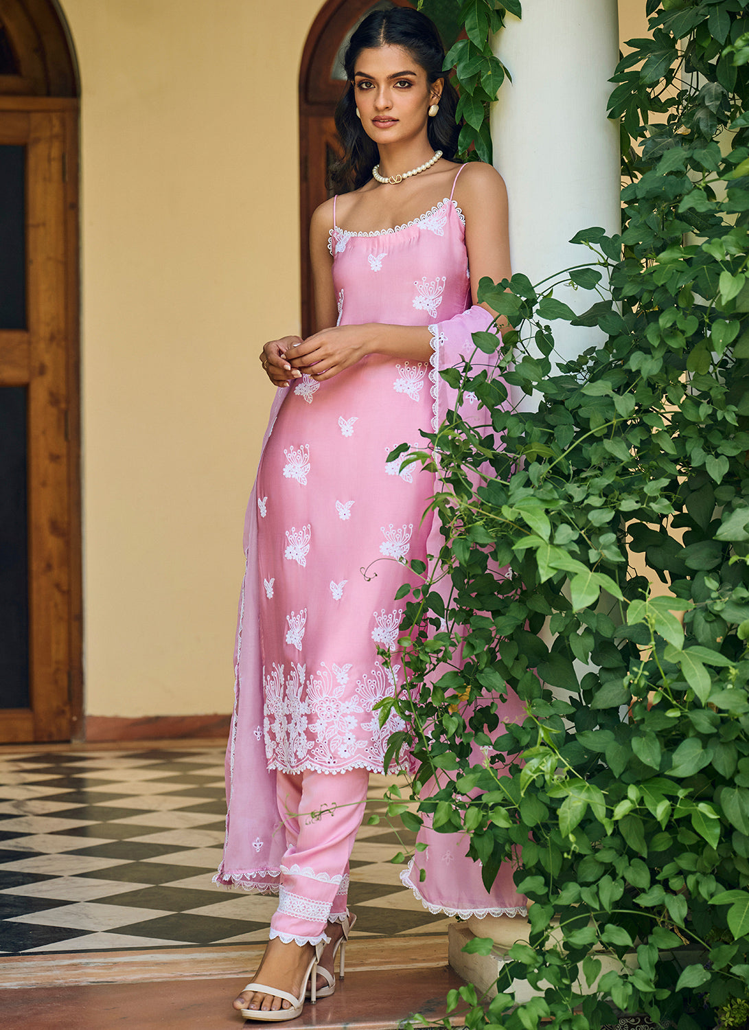 Pink Embroidered Cotton Straight Suit