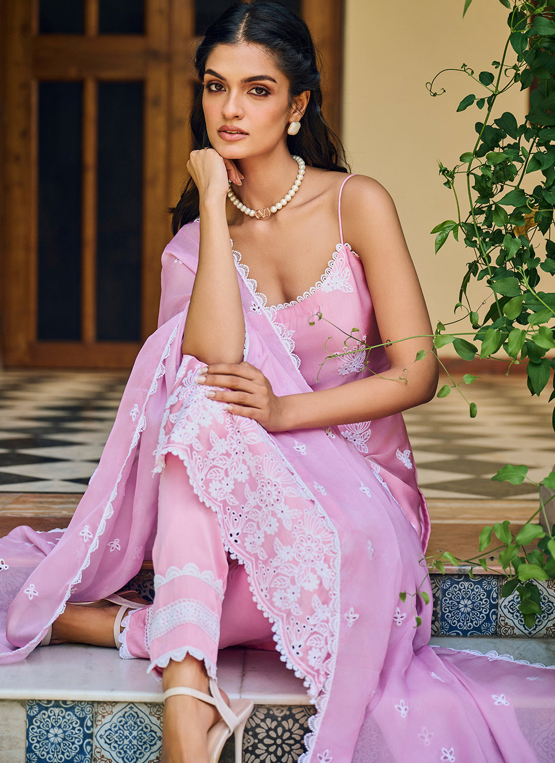 Pink Embroidered Cotton Straight Suit