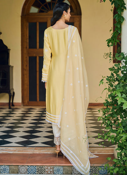 Yellow Embroidered Cotton Straight Suit