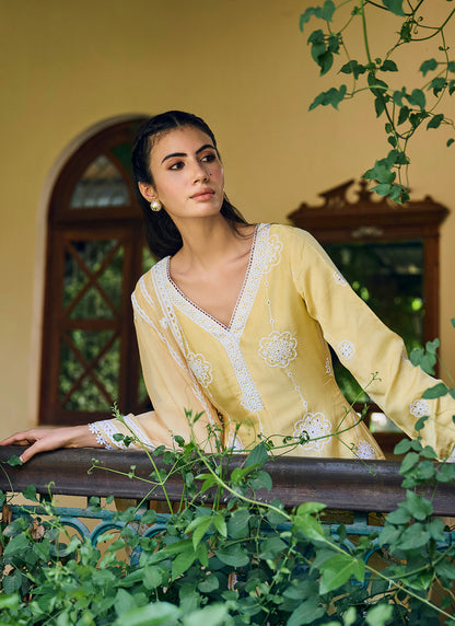 Yellow Embroidered Cotton Straight Suit