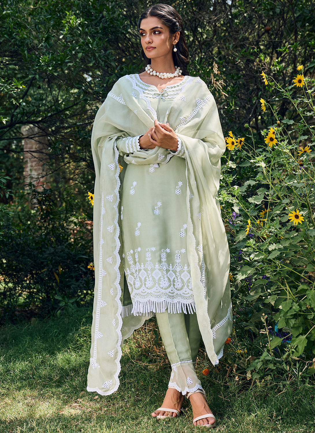 Dusty Sage Embroidered Cotton Straight Suit