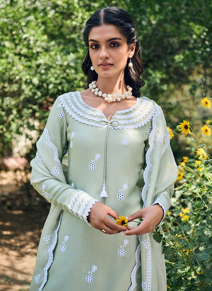 Dusty Sage Embroidered Cotton Straight Suit