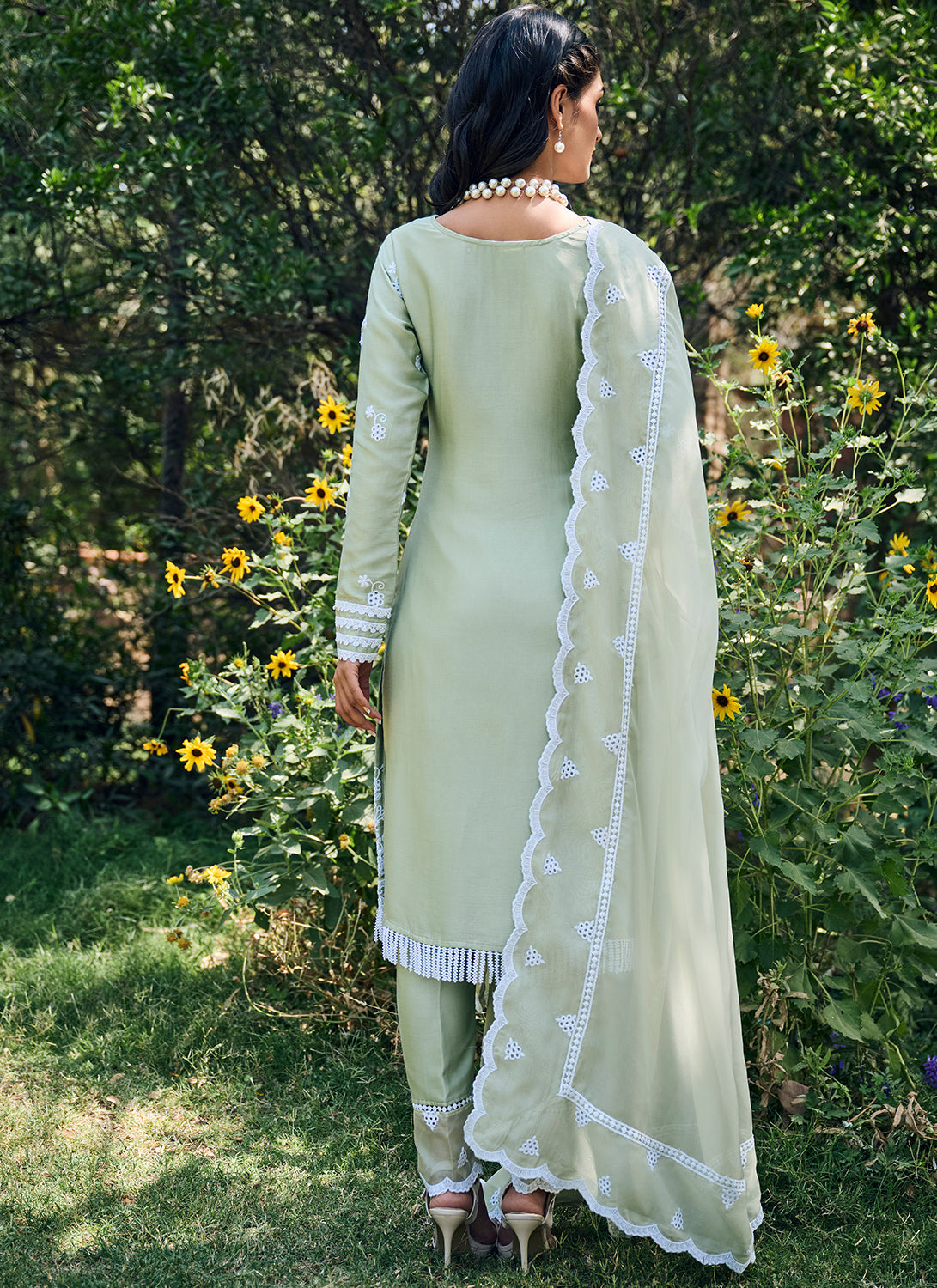 Dusty Sage Embroidered Cotton Straight Suit