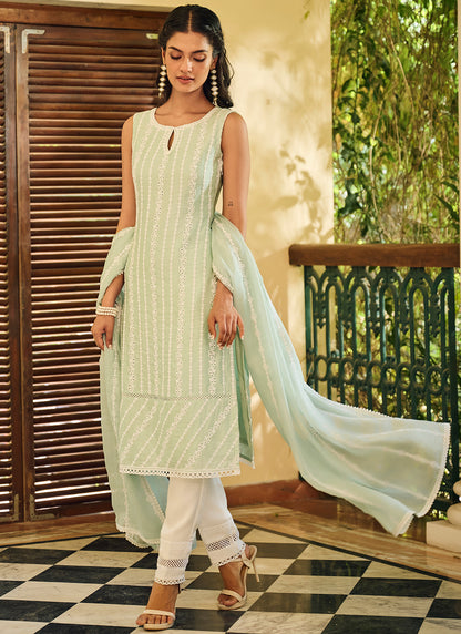 Mint Embroidered Cotton Straight Suit