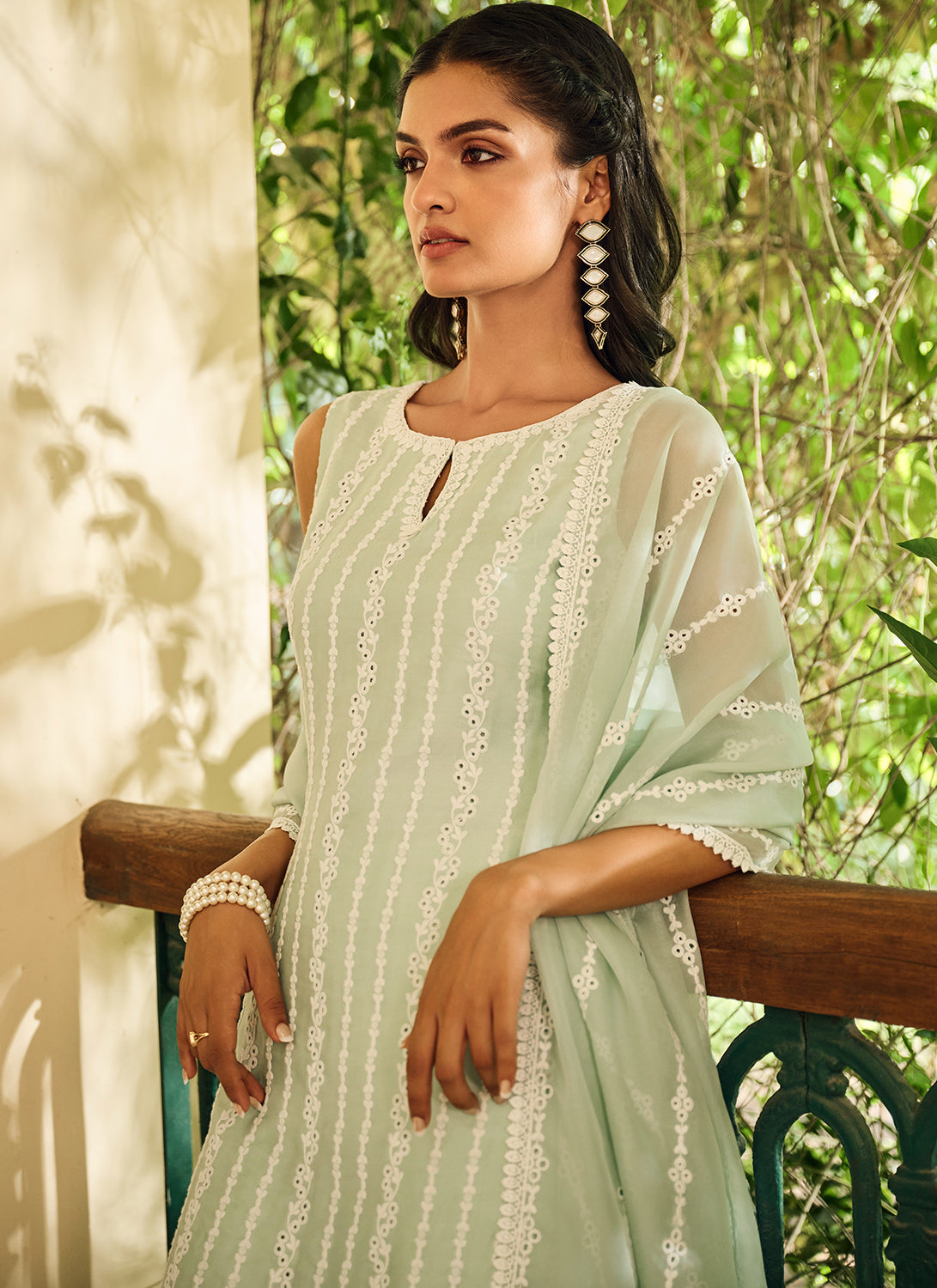 Mint Embroidered Cotton Straight Suit