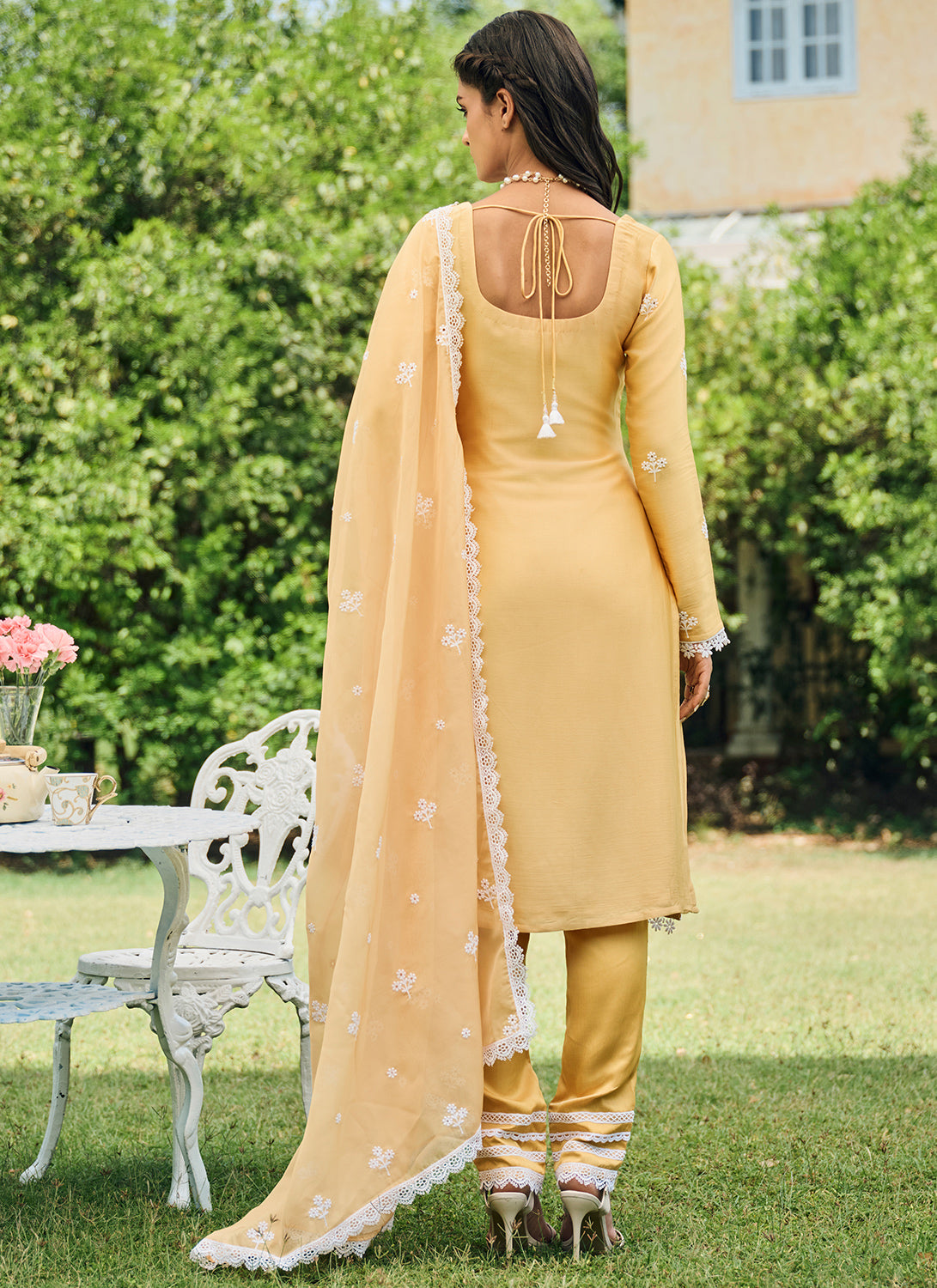 Yellow Embroidered Cotton Straight Suit