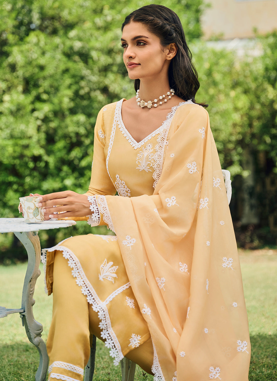 Yellow Embroidered Cotton Straight Suit