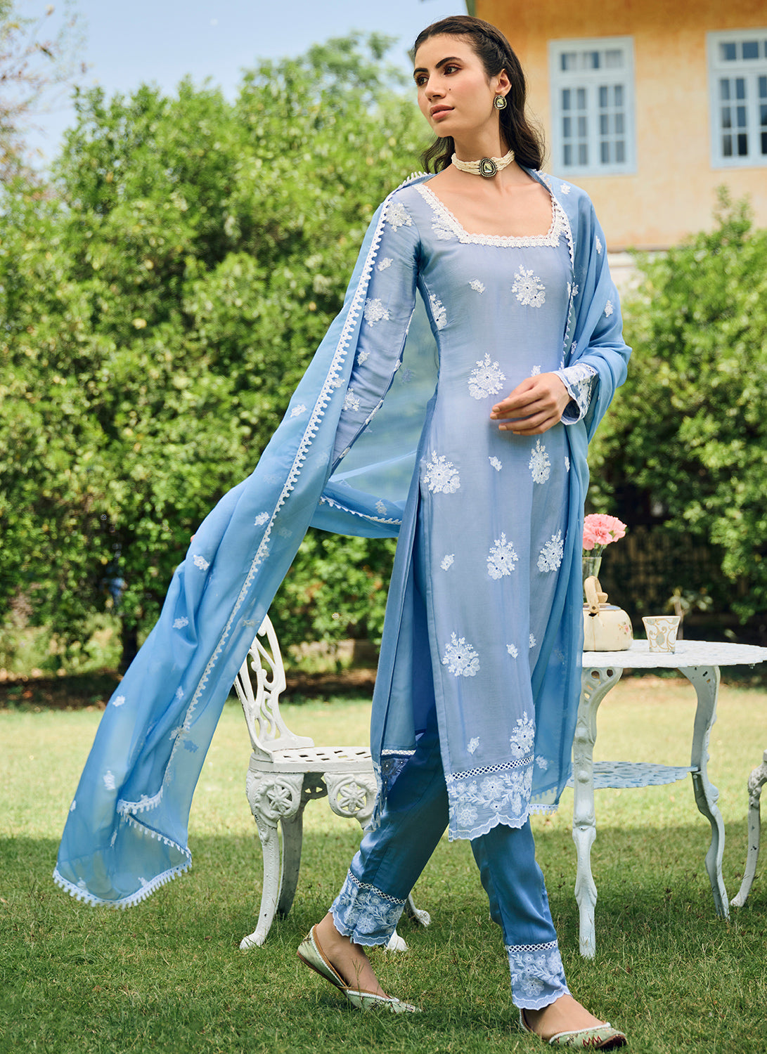 Dusty Blue Embroidered Cotton Straight Suit