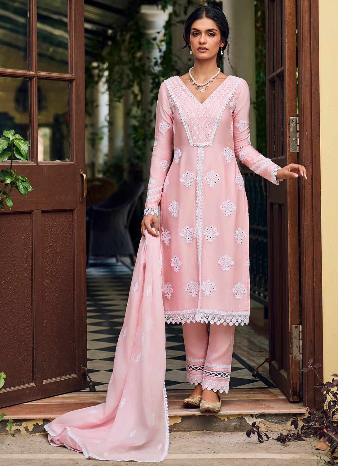 Light Pink Embroidered Cotton Straight Suit