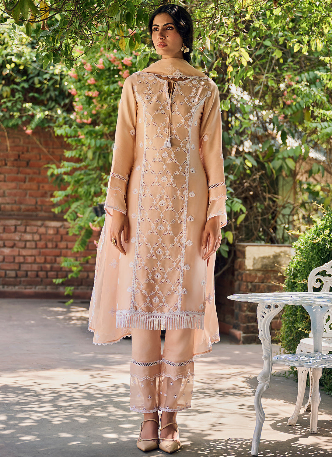 Soft Peach Embroidered Cotton Straight Suit