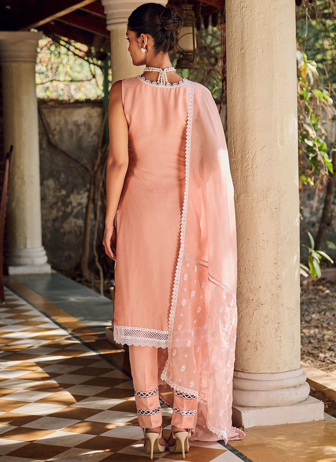 Peach Embroidered Cotton Straight Suit