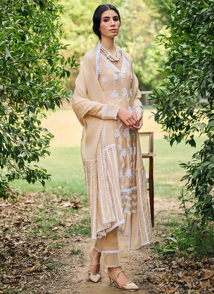 Dusty Yellow Embroidered Cotton Straight Suit