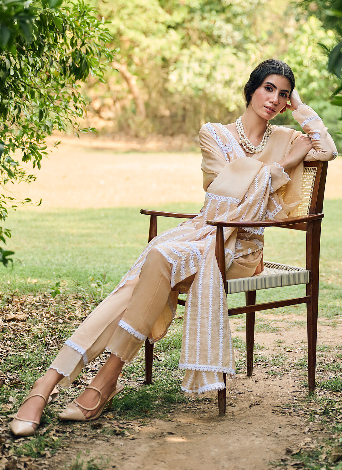 Dusty Yellow Embroidered Cotton Straight Suit