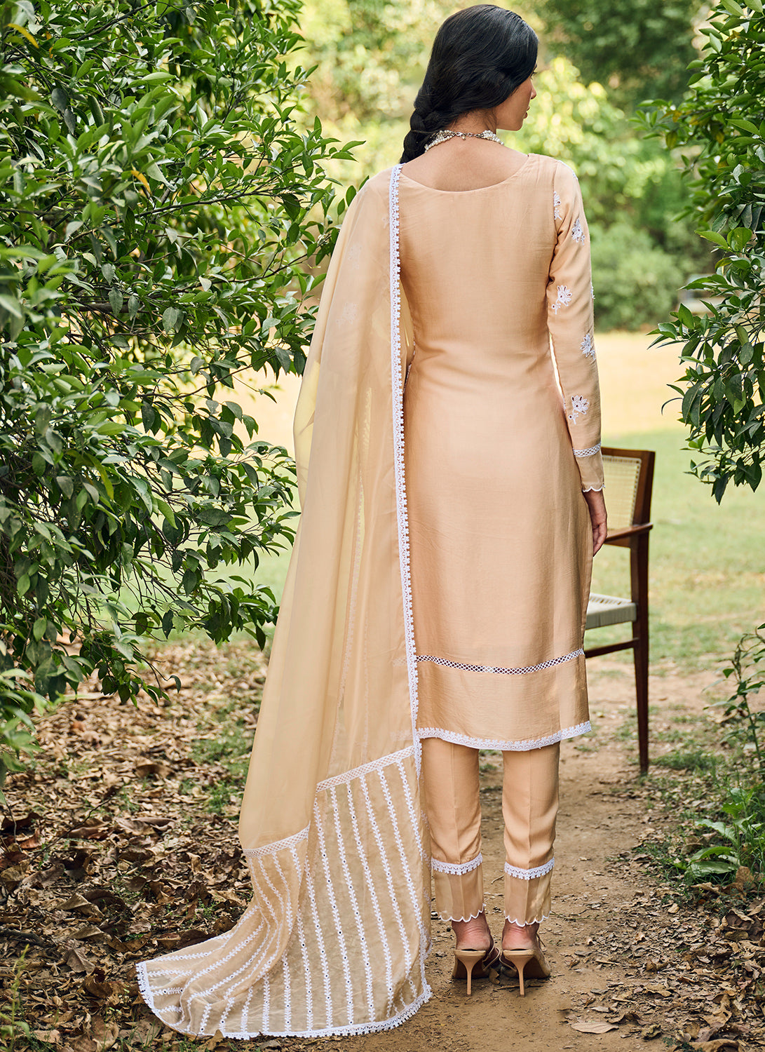 Dusty Yellow Embroidered Cotton Straight Suit