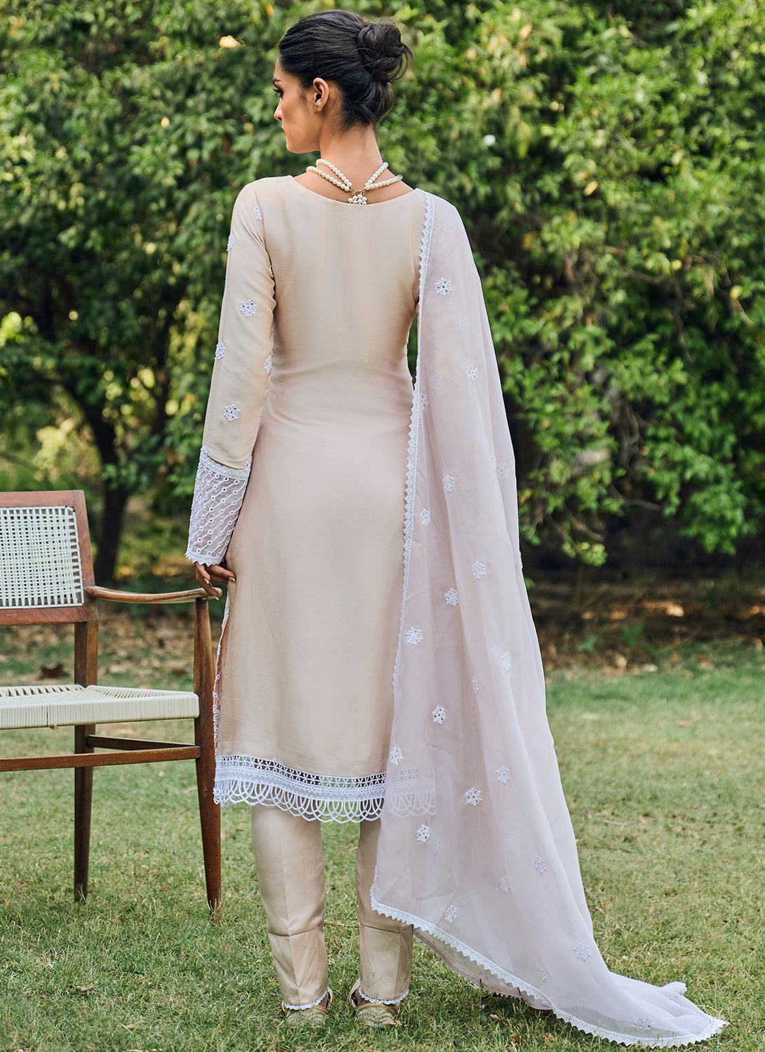 Nude Embroidered Cotton Straight Suit