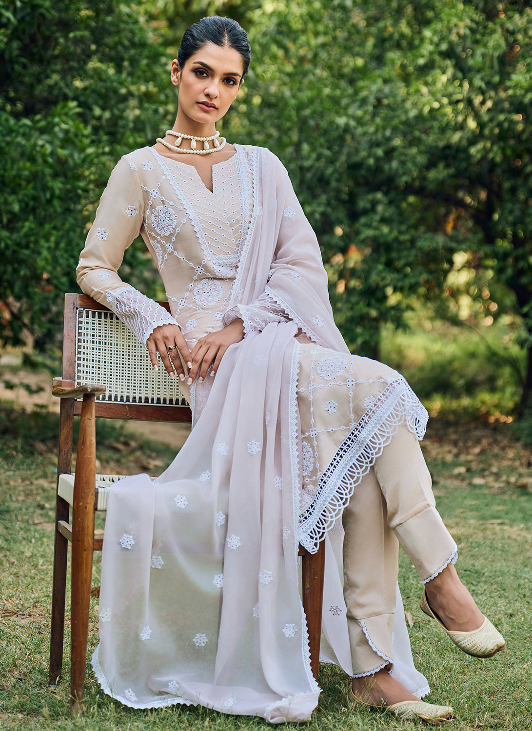 Nude Embroidered Cotton Straight Suit