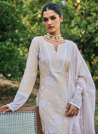 Nude Embroidered Cotton Straight Suit