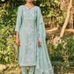 Soft Blue Embroidered Cotton Straight Suit