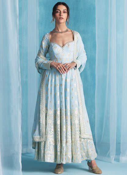 Sky Blue Embroidered Georgette Anarkali