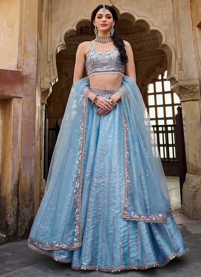 Sky Blue Embroidered Organza Lehenga