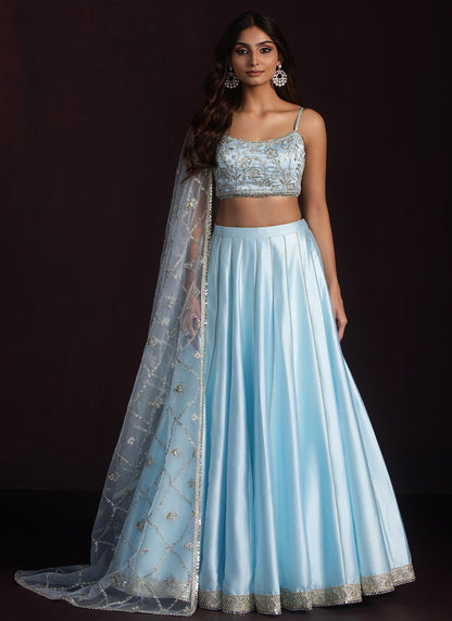 Sky Blue Embroidered Silk Lehenga