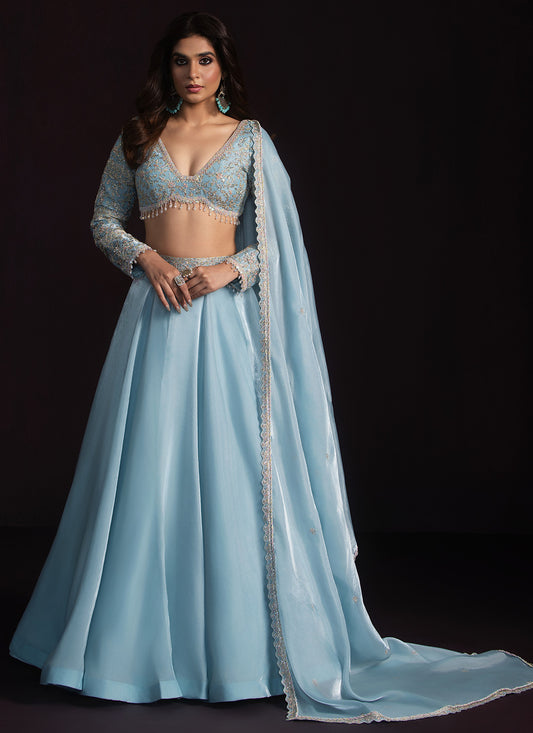 Sky Blue Embroidered Tissue Lehenga