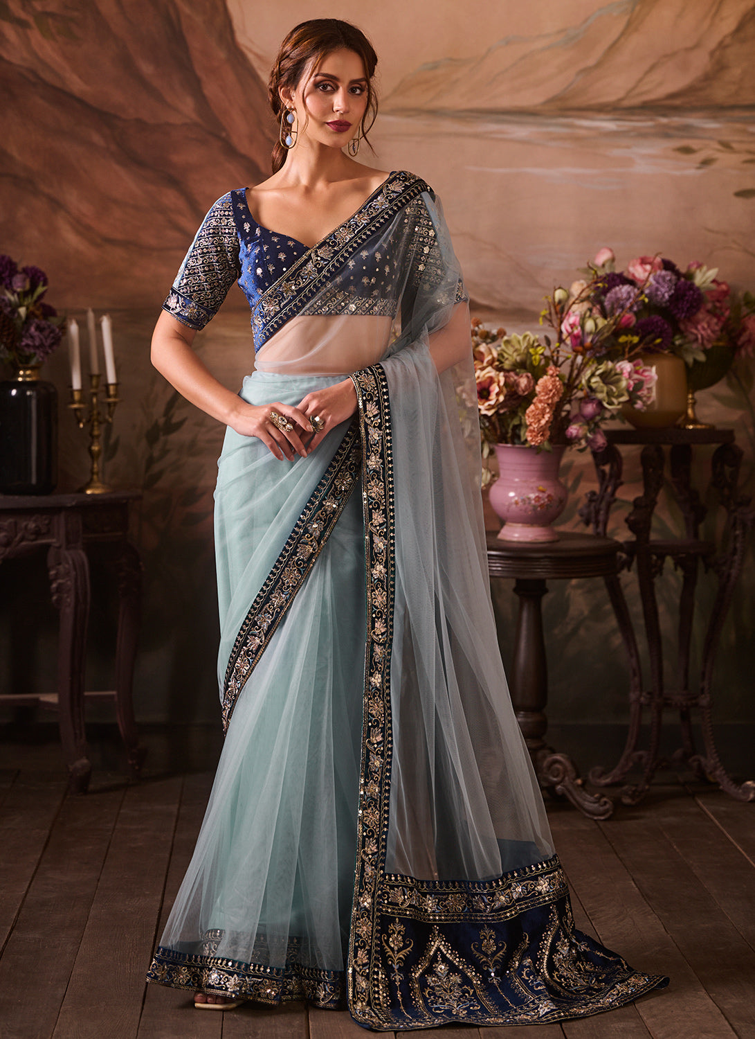 Sky Blue Embroidered Velvet Saree