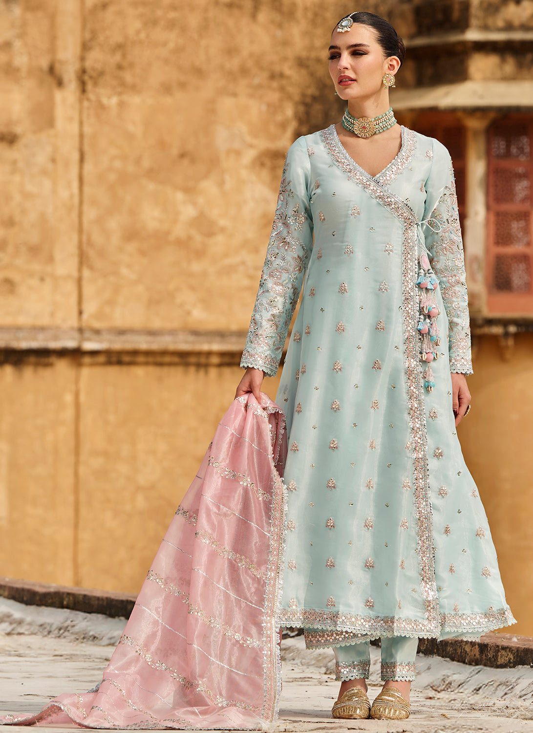 Sky Blue and Pink Embroidered Anarkali