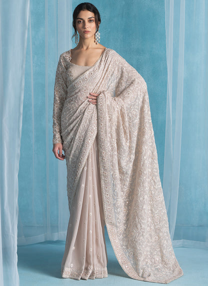 Soft Beige Embroidered Lucknowi Saree