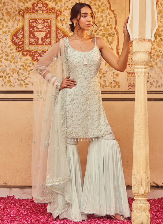 Soft Blue Embroidered Chinon Gharara Suit