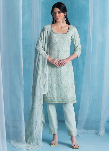 Soft Blue Embroidered Lucknowi Straight Suit