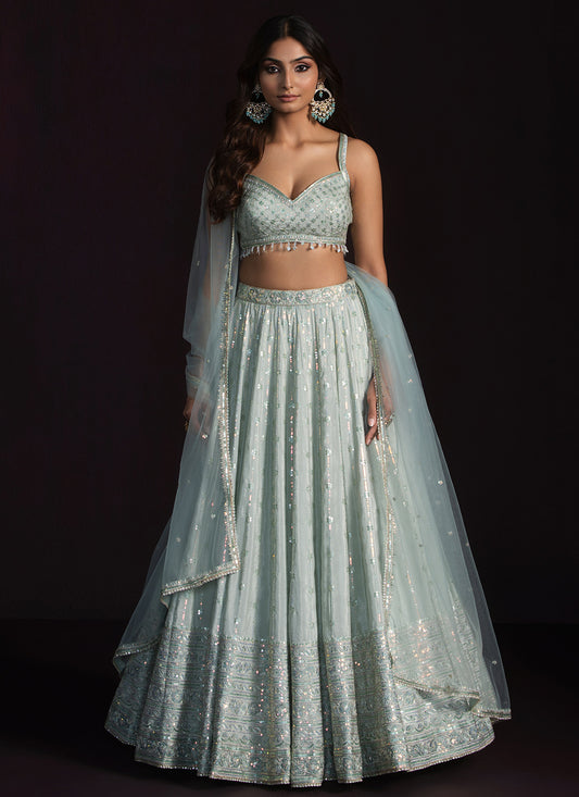 Soft Mint Embroidered Crepe Lehenga