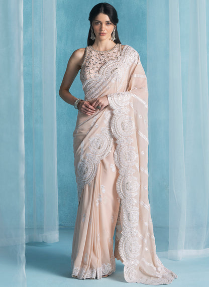 Soft Peach Embroidered Lucknowi Saree