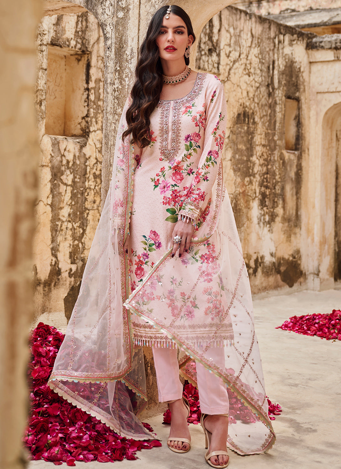 Soft Pink Floral Crepe Straight Suit