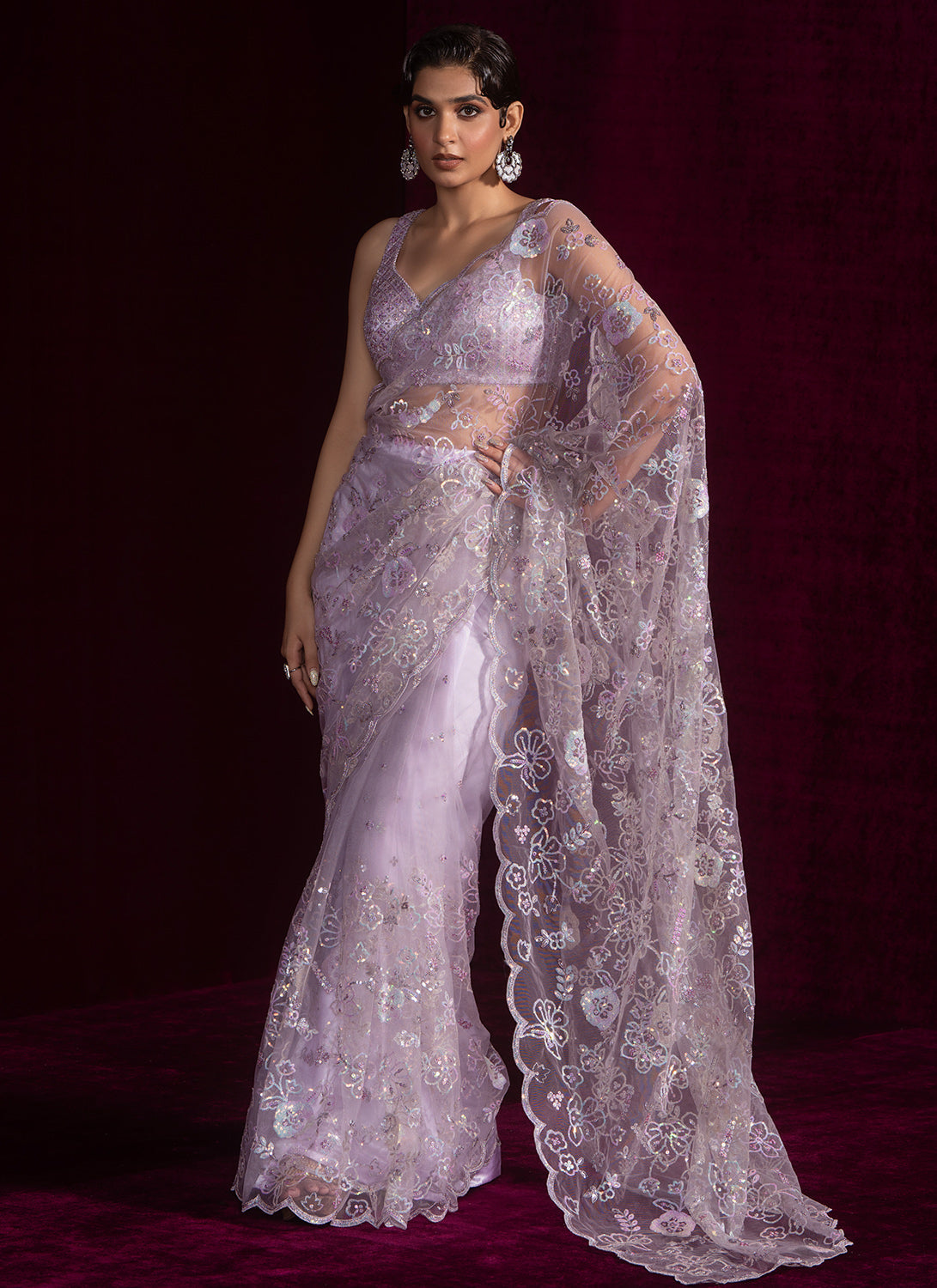 Soft Purple Embroidered Net Saree