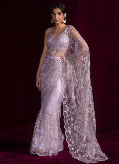 Soft Purple Embroidered Net Saree