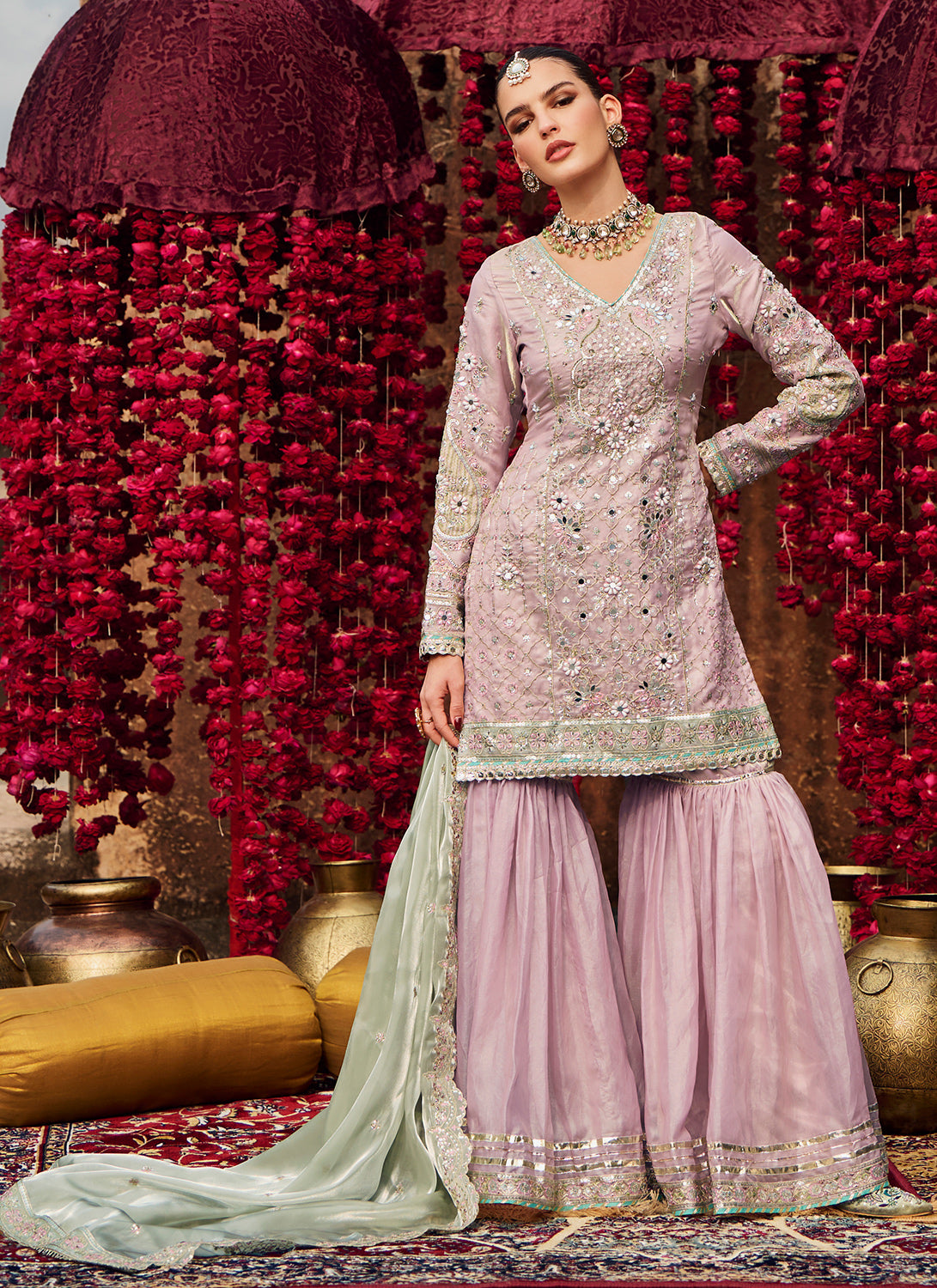 Soft Purple Embroidered Silk Gharara Suit