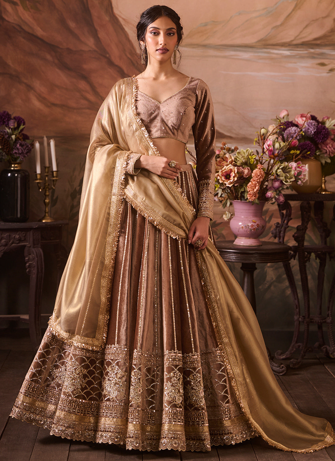 Taupe Embroidered Velvet Lehenga