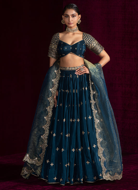 Teal Blue Embroidered Crepe Lehenga