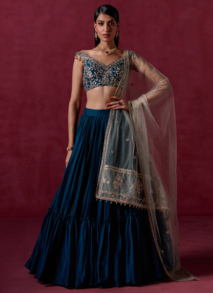 Teal Blue Embroidered Crepe Silk Lehenga